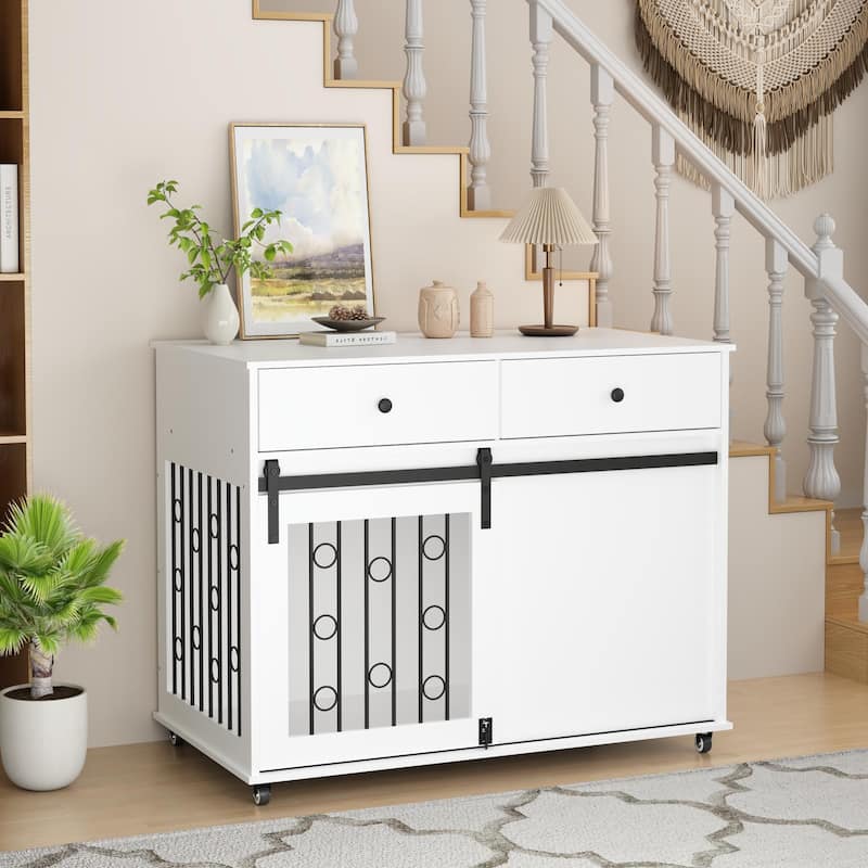 Wooden Dog Crate with Lockable Wheels, 2 Drawers & Sliding Barn Door, Decorative Pet Kennel End Table for Small to Medium Dogs