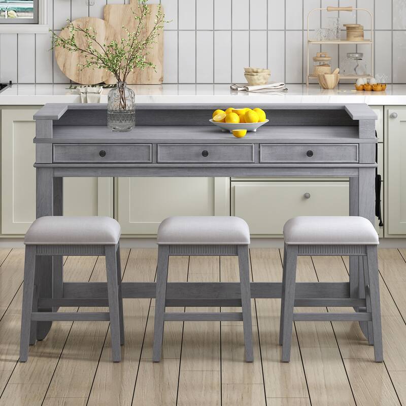 Farmhouse 4 Piece Dining Bar Table Set with 3 Upholstered Stools - Grey
