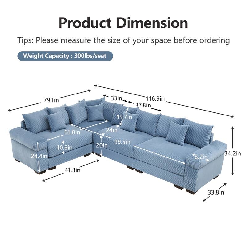 GDFStudio - Corduroy L-Shaped 4-Seater 116.9" Cloud Modular Sectional Couch