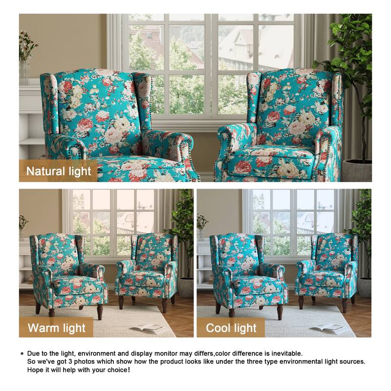 2 Set Transitional Patterned Wingback Accent Chairs with NailHead