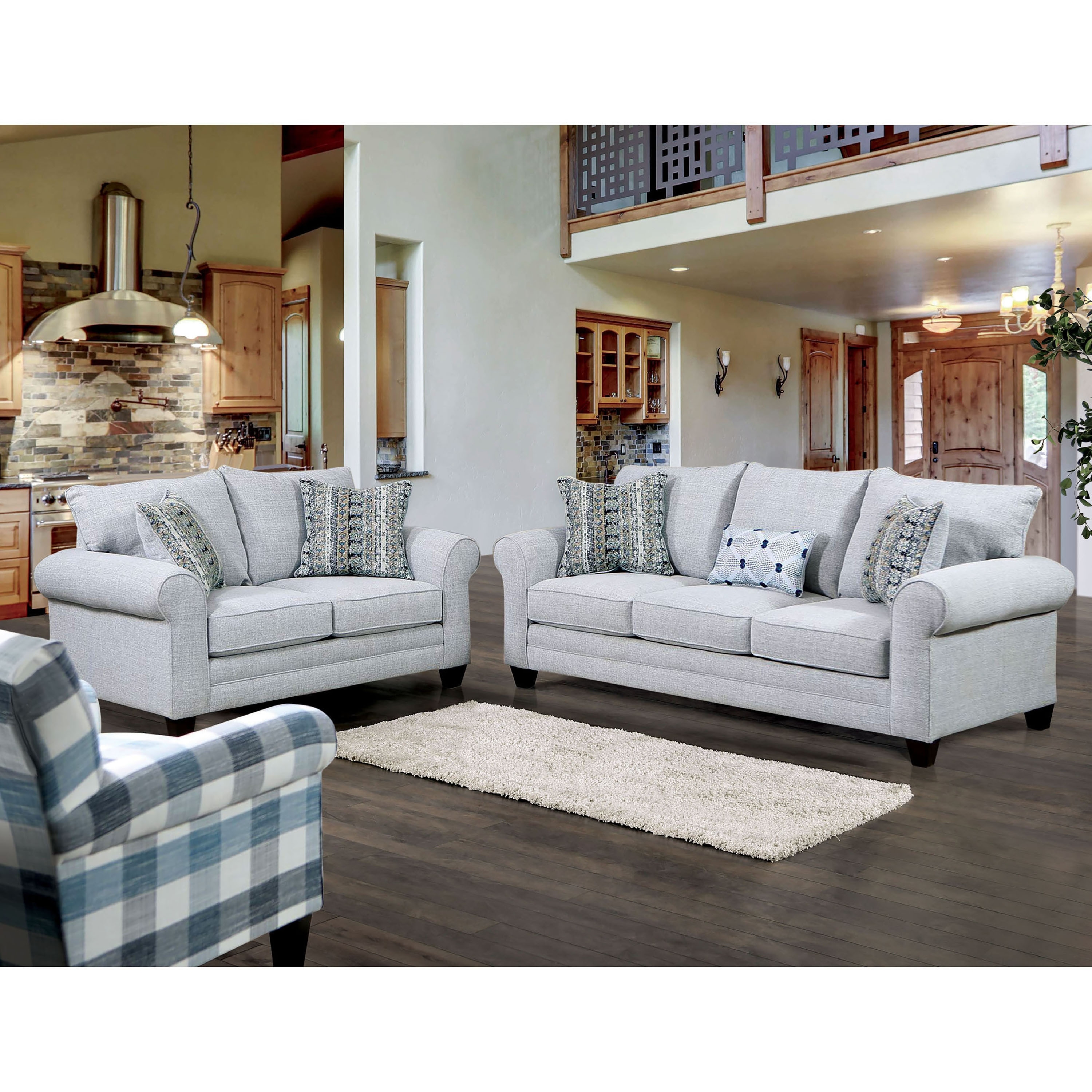 Furniture of America Nolinas Transitional Grey Fabric Rolled Arms 2-Piece Sofa Set
