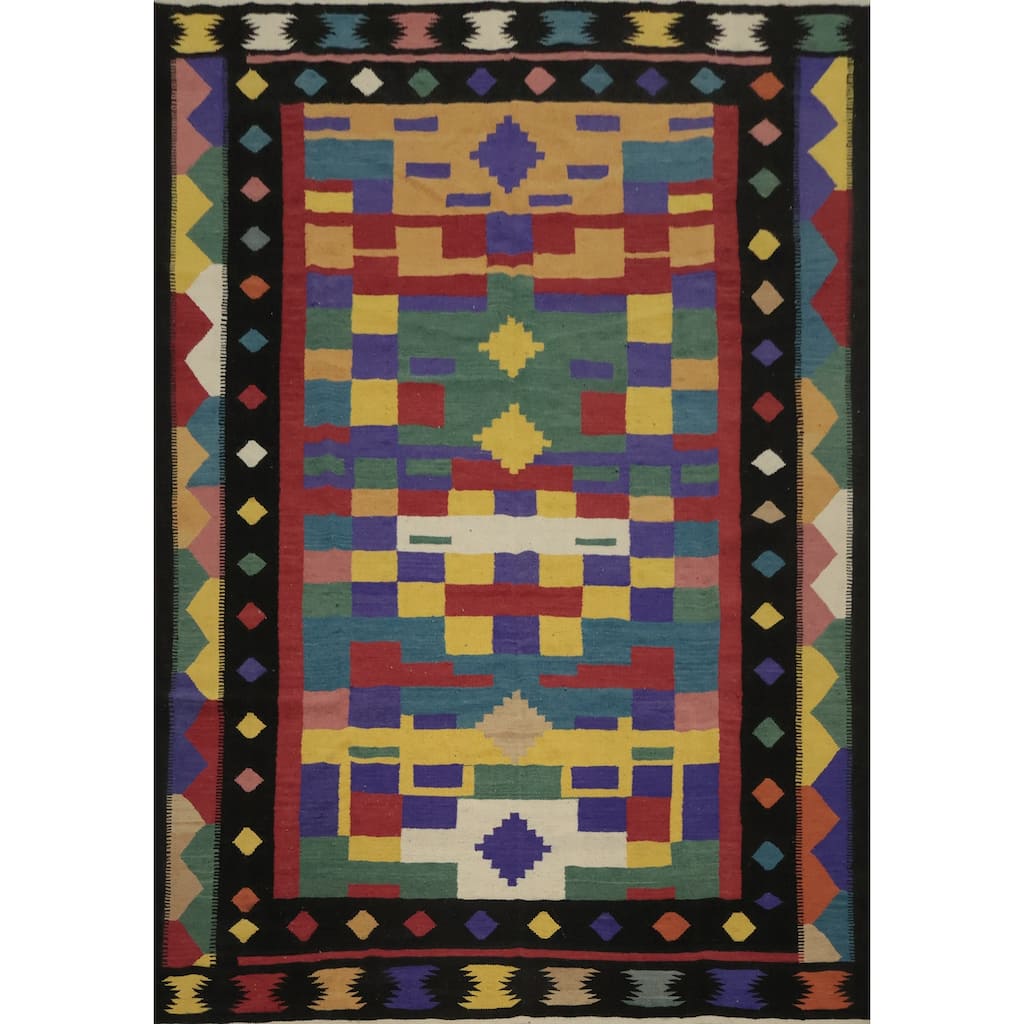 Hand Woven Oriental 100% Wool Carpet Southwestern Modern Multi-Colored Kilim Area Rug - 9' 8'' X 7' 11''