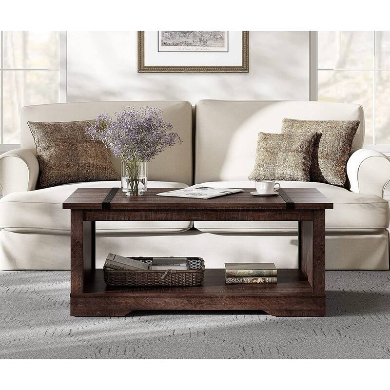 WAMPAT Rustic Coffee Table with Drawer and Storage