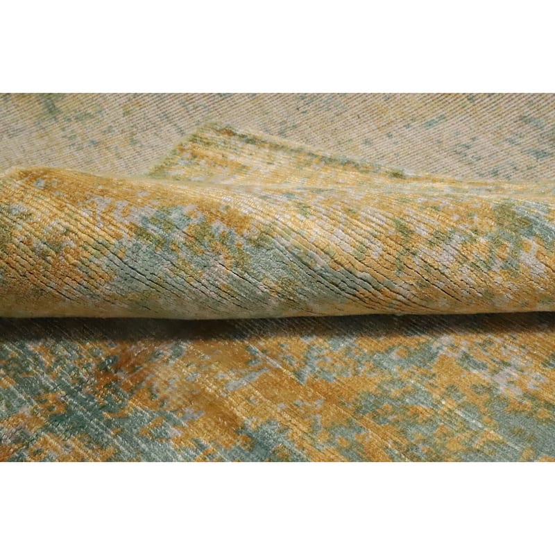 Hand Knotted Oriental Viscose Silk Carpet Modern Pictorial Yellow & Gold Abstract Area Rug - 6' 6'' X 4' 5''
