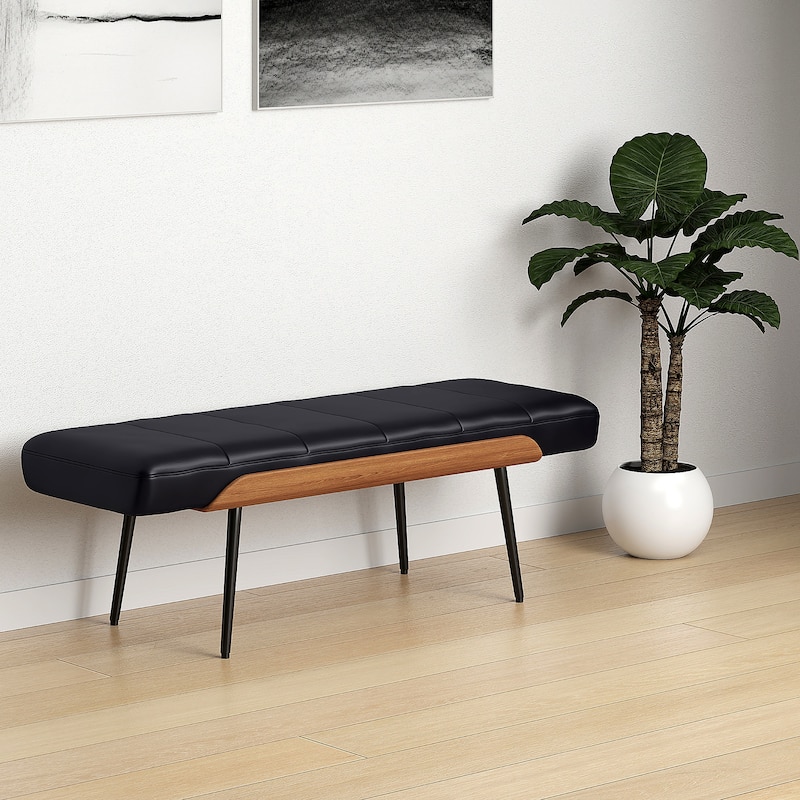 Mid-Century Modern Faux Leather & Metal Bench - Black & Walnut