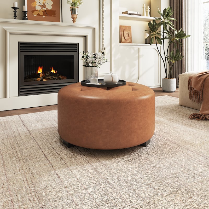 Christopher Knight Home PU Leather Button Tufted Round Ottoman - Orange Brown - Medium