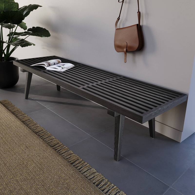 60" Solid Wood Platform Bench Rubberwood Rectangular Entryway Vanity Bench with Slatted Design for Home Office Living Room