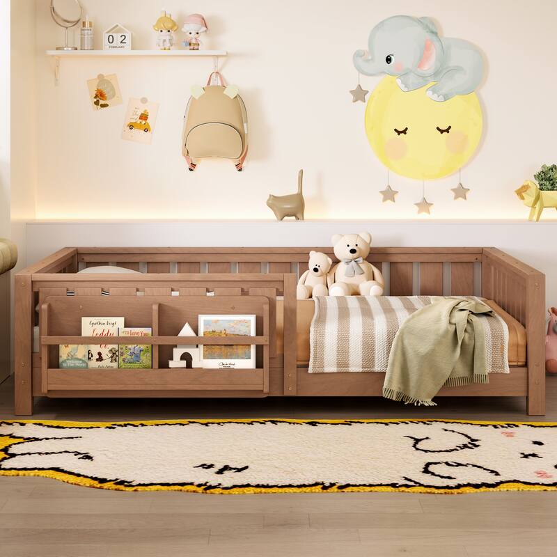 Montessori Floor Bed Low Profile Kids Bed with Rails & Bookshelf