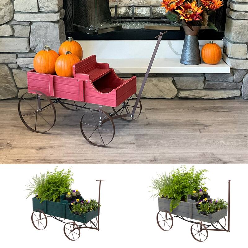 Goldcast Rustic Wagon Garden Planter with Metal Wheels