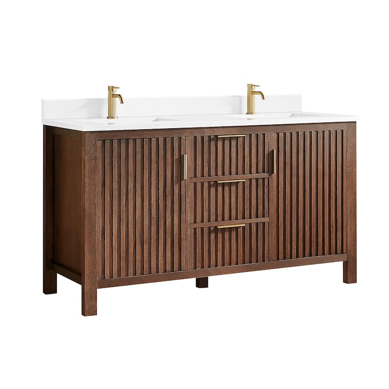 Shenzhen Bath Vanity with Composite Stone Top without Mirror - 60" Double Sink - Aged Dark Brown Oak