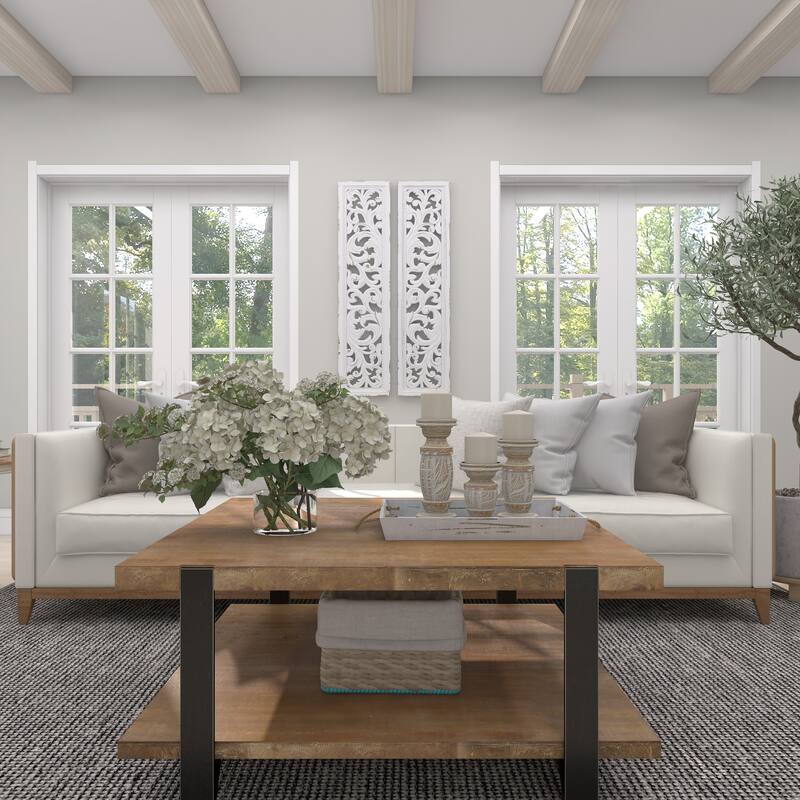 White Wood Handmade Slim Distressed Carved Panel Scroll Home Wall Decor (Set of 2)