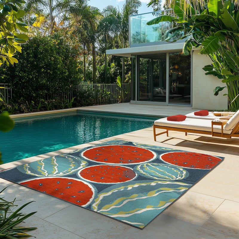 Gertmenian Ziesta Modern Bold Fruit Floral Multicolored UV Protected Polypropylene Flatweave Indoor/ Outdoor Area Rug Collection