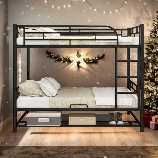 slide 2 of 9, Modern Full over Full Bunk Bed with Shelf and Guardrails,Separate into 2 Twin Beds for Bedroom Black