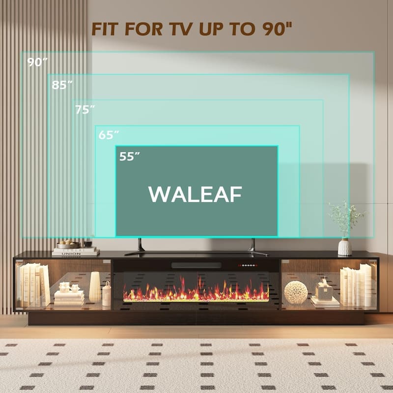 BOSSIN 80" Fireplace TV Stand with Adjustable LED Lights, Modern Entertainment Center with Glass Door Storage Cabinet, Black