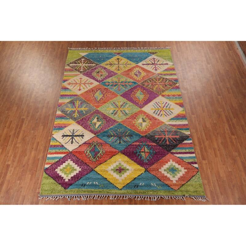 Colorful Trellis Plush Moroccan Style Rug Hand-Knotted Wool Carpet - 8'10" x 12'5"