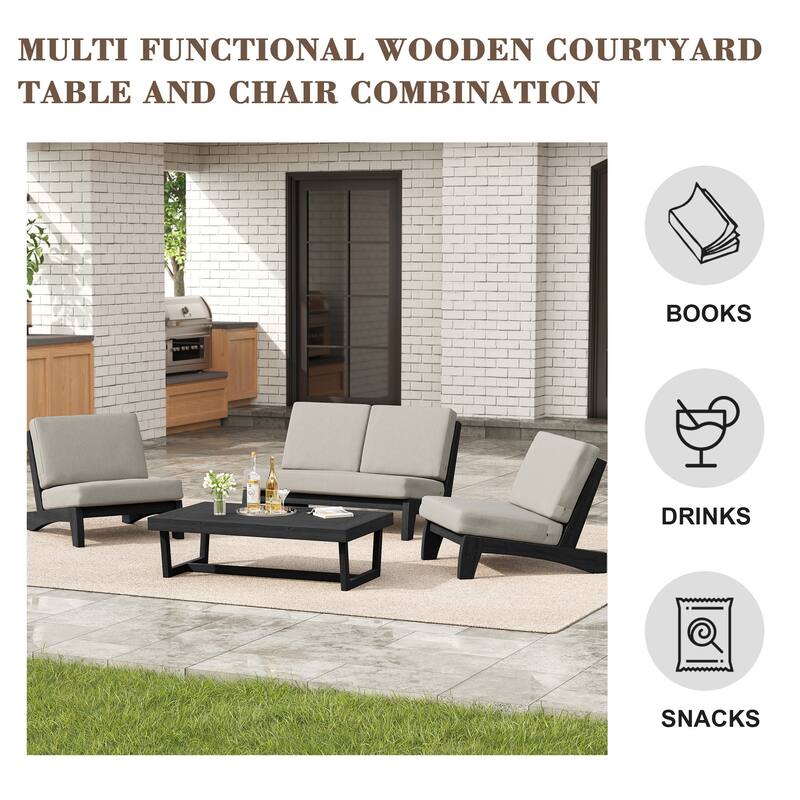 4 Set Outdoor Patio Teak Wood Club Chairs Loveseat with Cushion