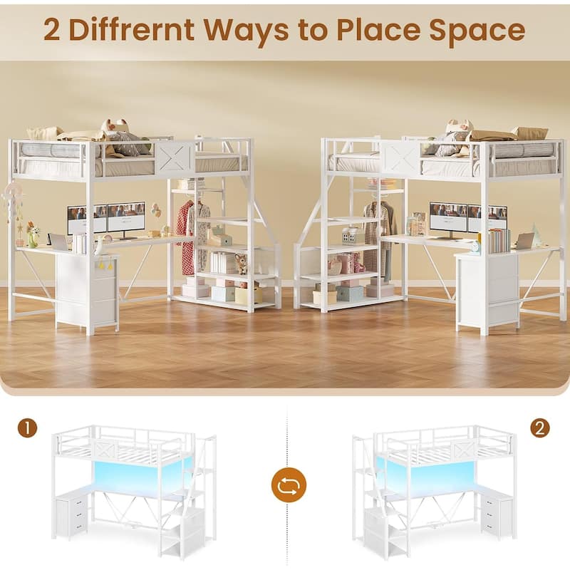 Stairway Twin Size Loft Bed with L Shaped Desk and Wardrobe 3 Drawers
