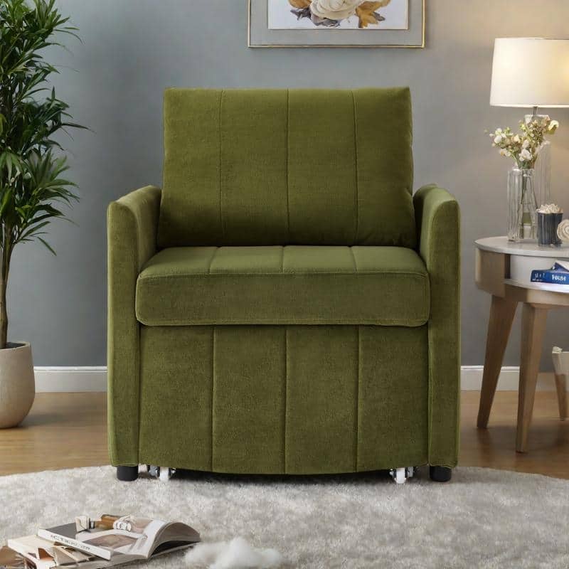 Chenille Convertible Sleeper Sofa Chair with 5-Position Backrest, Storage Basket and 440lb Capacity - Green