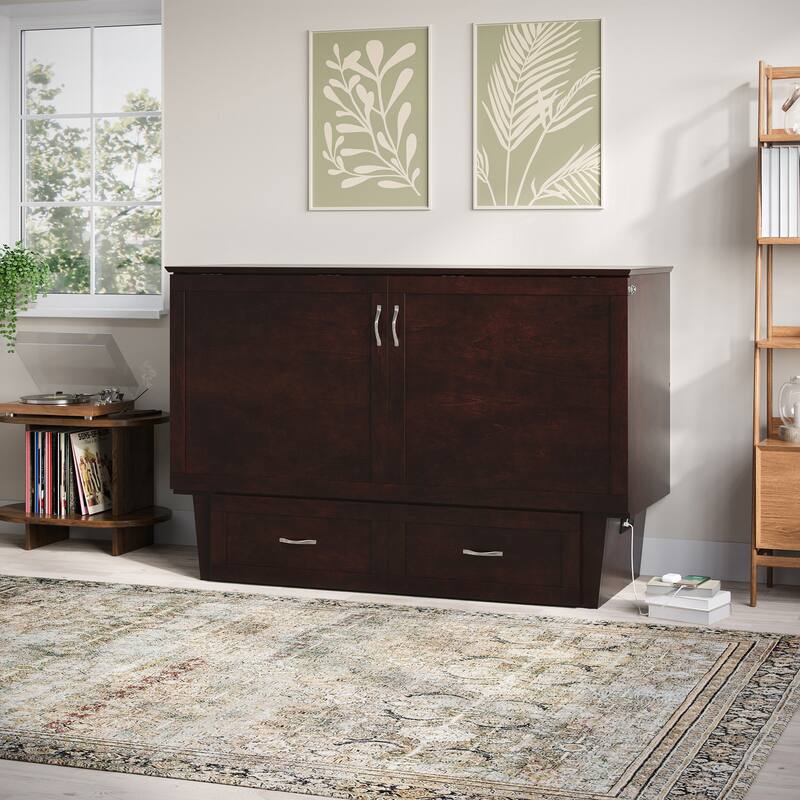 Chelsea Queen Murphy Bed Chest with 6" Mattress, Storage Drawer & Built-In Charger in Espresso