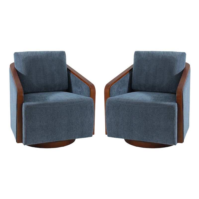 Set of 2 Modern Swivel Accent Barrel Chairs with Wood Arms