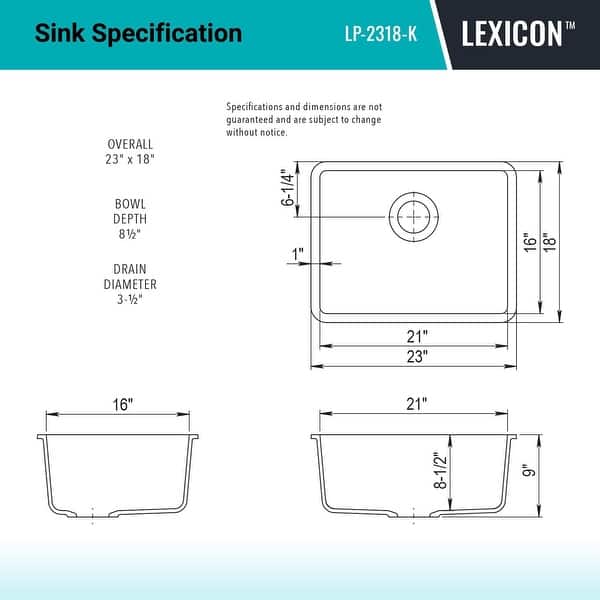 dimension image slide 4 of 5, 23"x18" Quartz Single Bowl Sink, Drop-In/Undermount w/ Grid & Strainer.