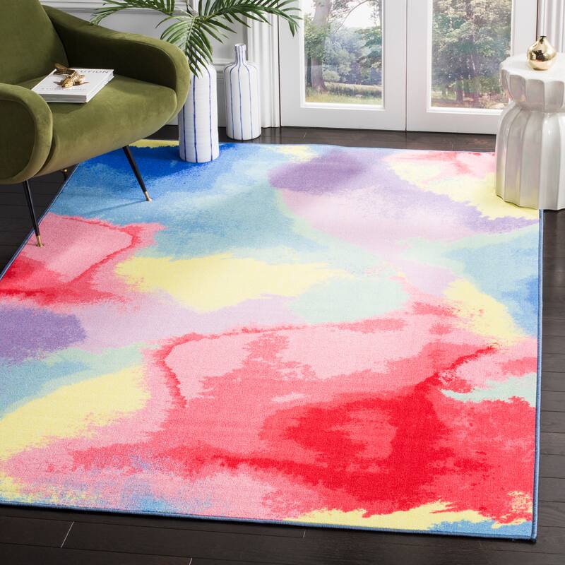 SAFAVIEH Paint Brush Machine Washable Slip Resistant Meadhbh Watercolor - 7' 9" x 10' - Fuchsia/Yellow - Runner/Rectangle