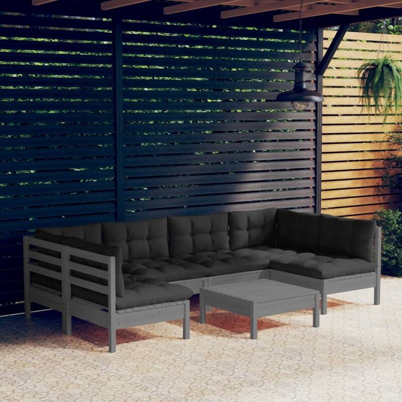 vidaXL Solid Pinewood Patio Lounge Set 7 Piece with Cushions Multi Colors - 25" x 25" x 24.6" - Grey