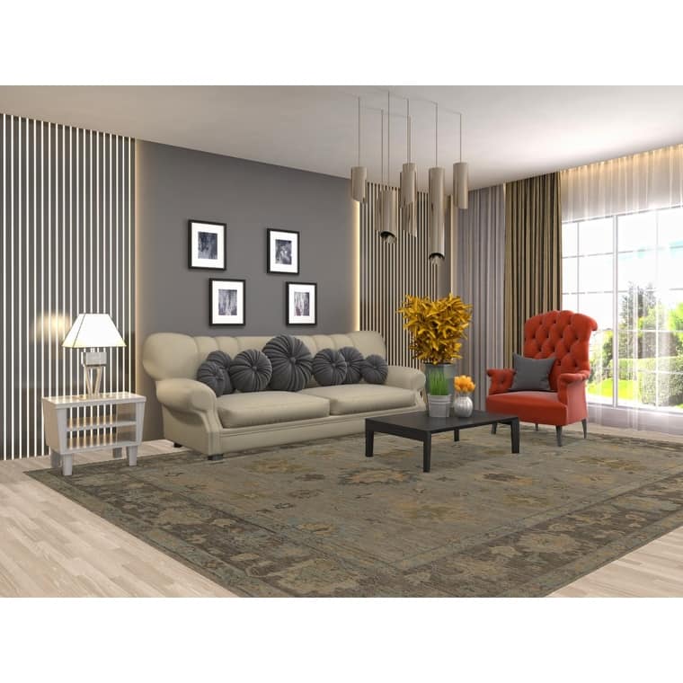 Vegetable Dye Oushak Turkish Area Rug Hand-Knotted Grey Wool Carpet - 8'10" x 11'10"