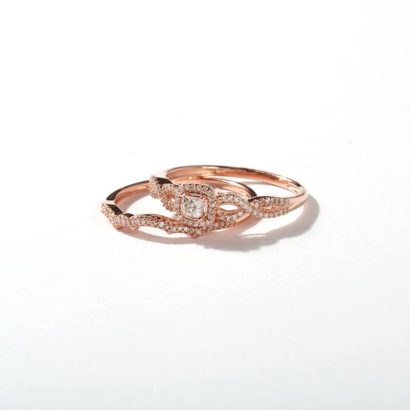 3/8ct TDW Diamond Twisted Halo Bridal Set in 10K Gold for Women - 8 - Rose