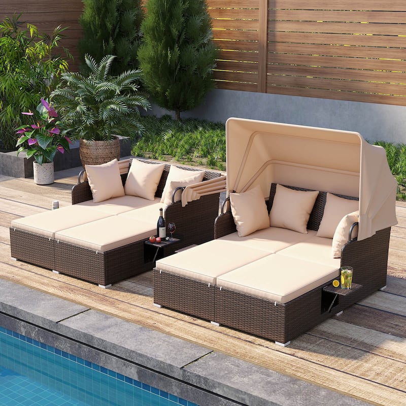 Costway Patio Rattan Daybed Lounge Retractable Top Canopy Side Tables - See Details