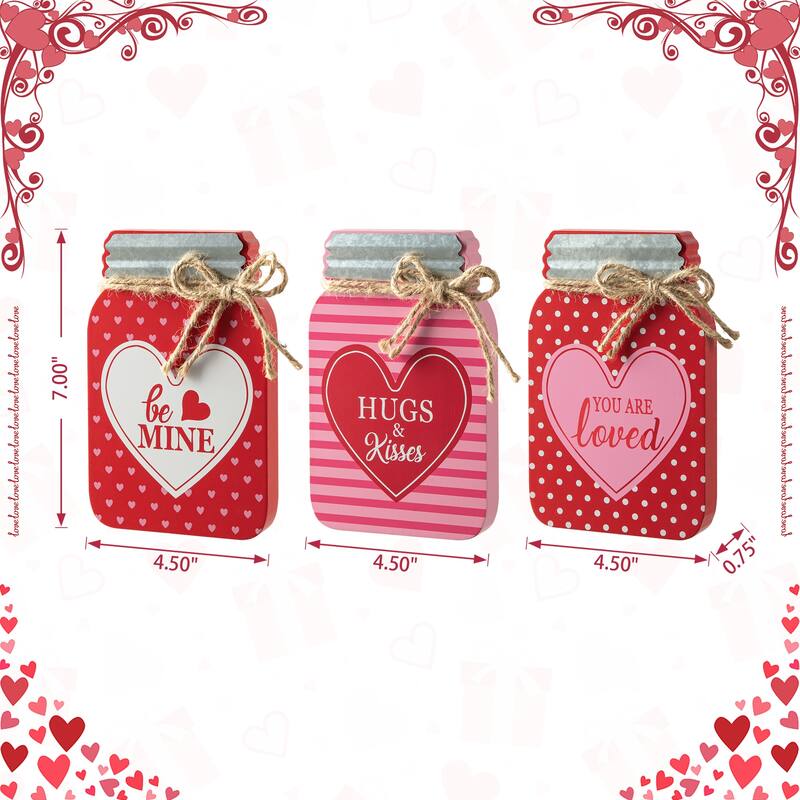 Glitzhome 7"H Set of 3 Valentine's Wooden Mason Jar Table Decor