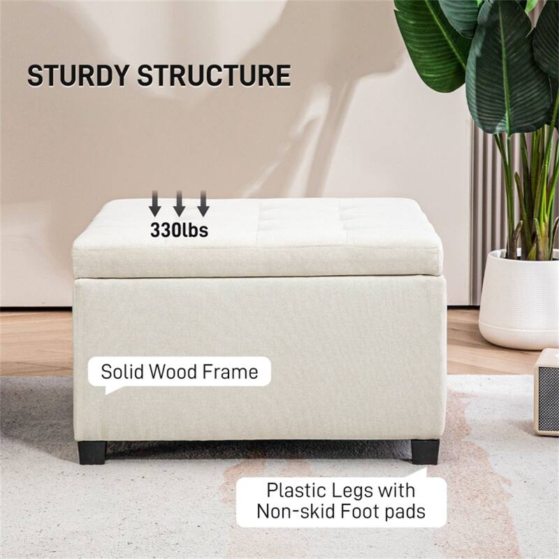 Button-Tufted Storage Ottoman with Flip-Top Seat and Linen-Texture Cushion Wood Frame