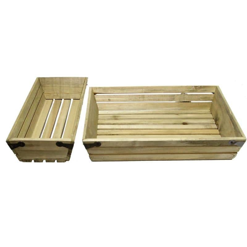 Set of 2 Natural wood small shallow rectangle crate with metal corner