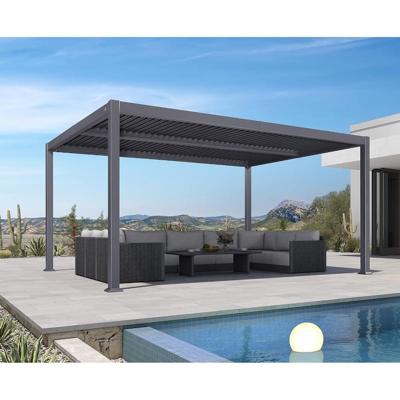 PURPLE LEAF Louvered Pergola Sun Shade Shelter with Adjustable Metal Roof for Patio Hardtop Pergola - 10' x 16' - Grey