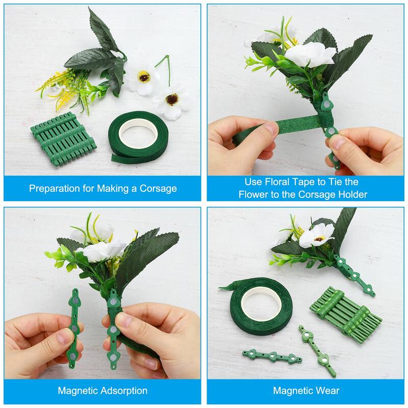Floral Boutonnieres Magnets Corsage Brooches with 2Pcs Floral Tape - Green