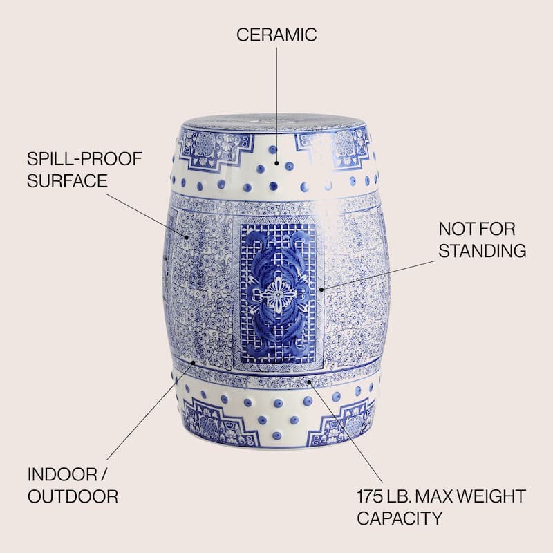 Acanthus 17.8" Chinoiserie Ceramic Drum Garden Stool, Blue/White