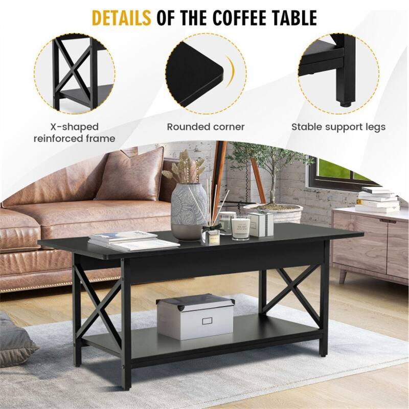 2-Tier Industrial Rectangular Coffee Table with Storage Shelf