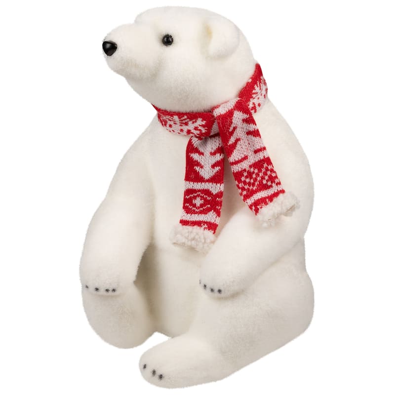 Sitting Polar Bear with Scarf Christmas Figure - 12.25" - White and Red