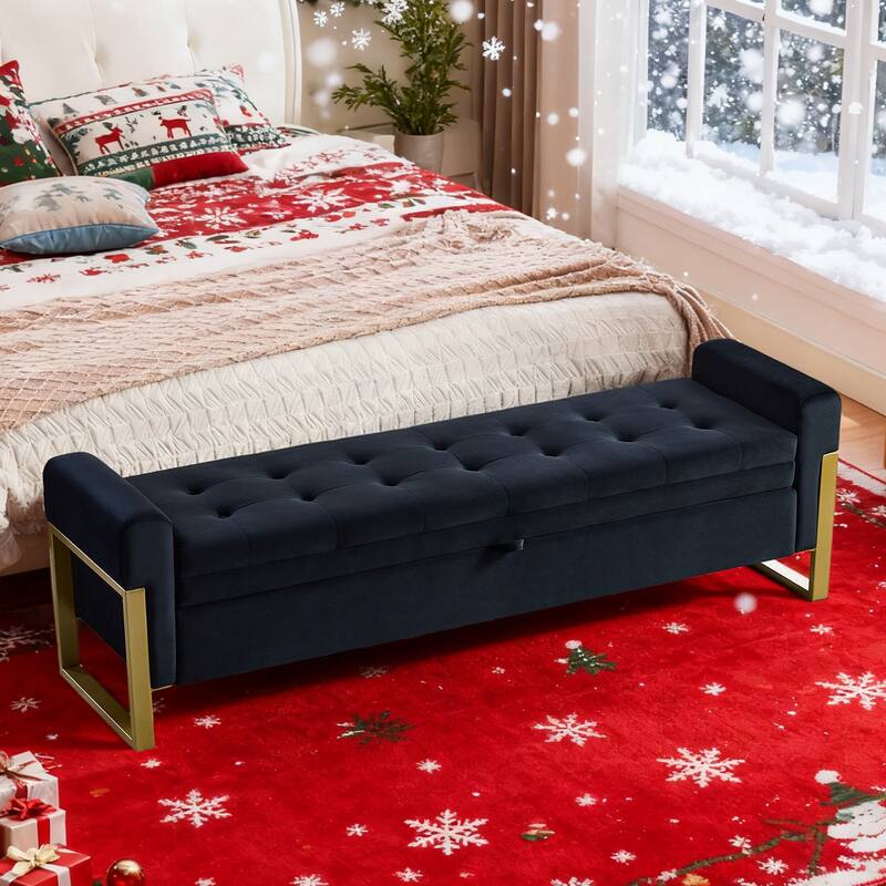 66" Storage Bench for Bedroom End of Bed with Single Lids and Gold Legs - Black