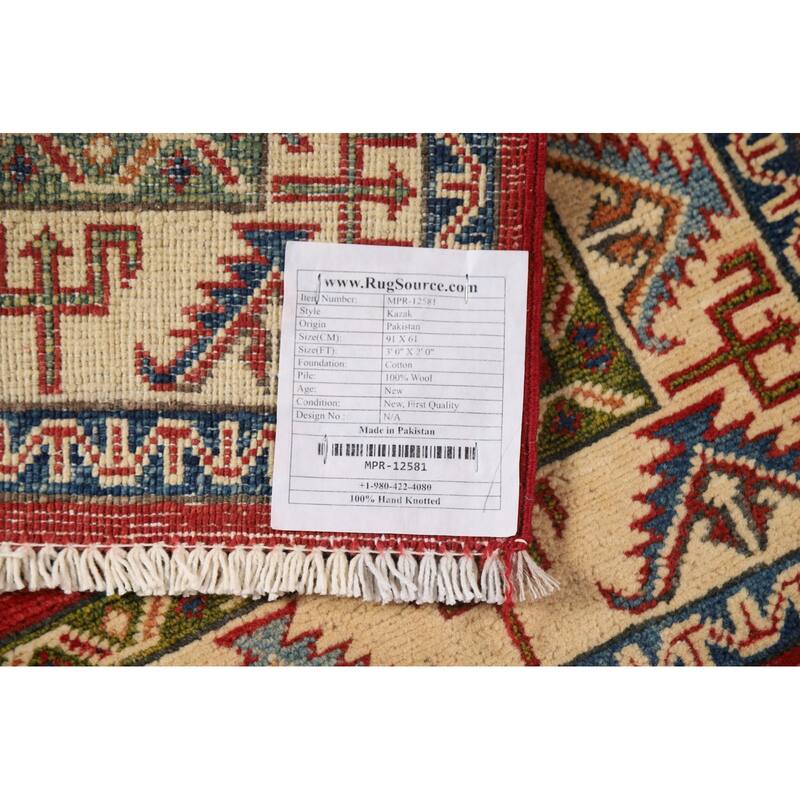 Geometric Red Kazak Oriental Rug Handmade Traditional Wool Carpet - 2'0" x 3'0"