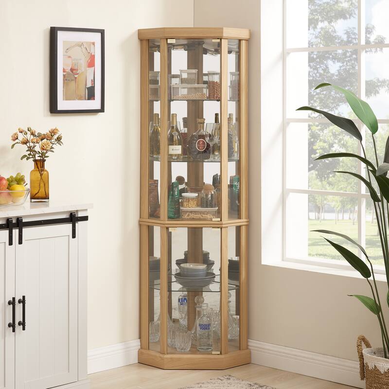 Vintage Display Case with Adjustable Glass Shelves and Lighting System for Living Room, Kitchen - Light Oak