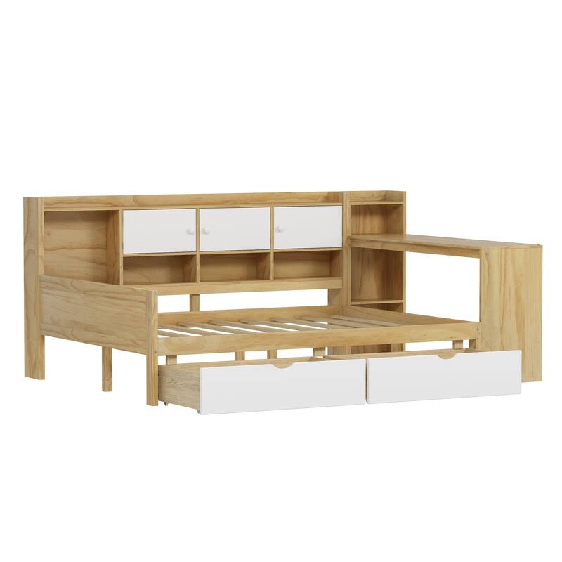 Multi-functional Daybed with Storage Cabinets and Storage Drawers,Study Desk and Built-in Bookshelf