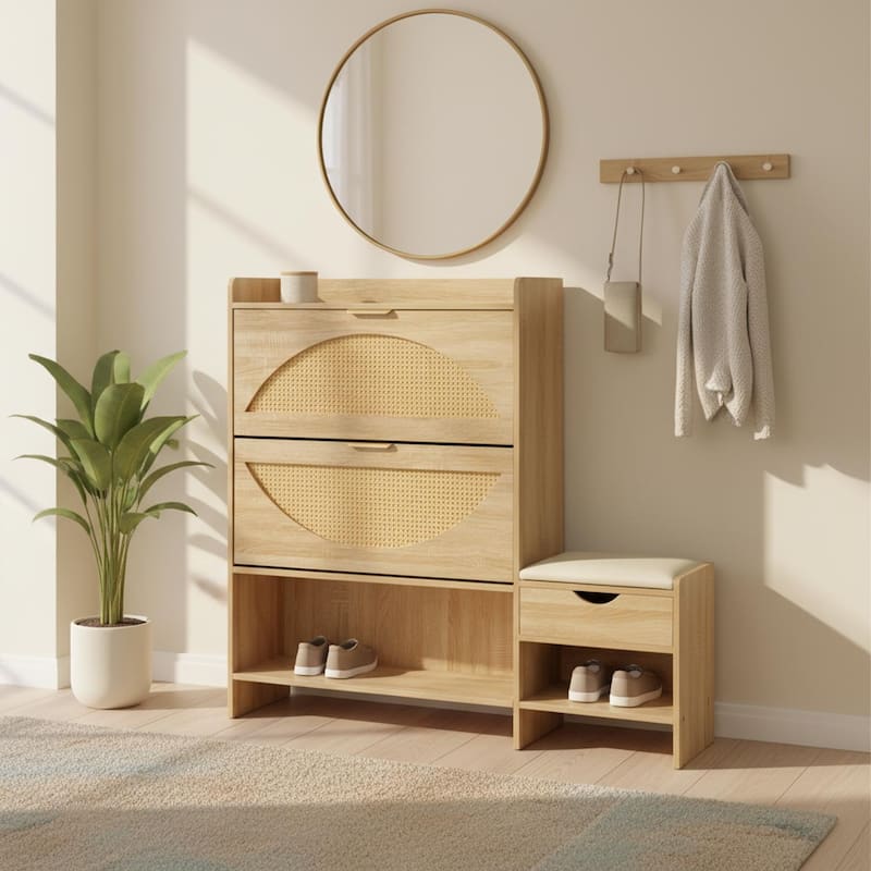 Homy Casa Rattan Shoe Storage Bench Flip Drawers Hidden Drawer Brown