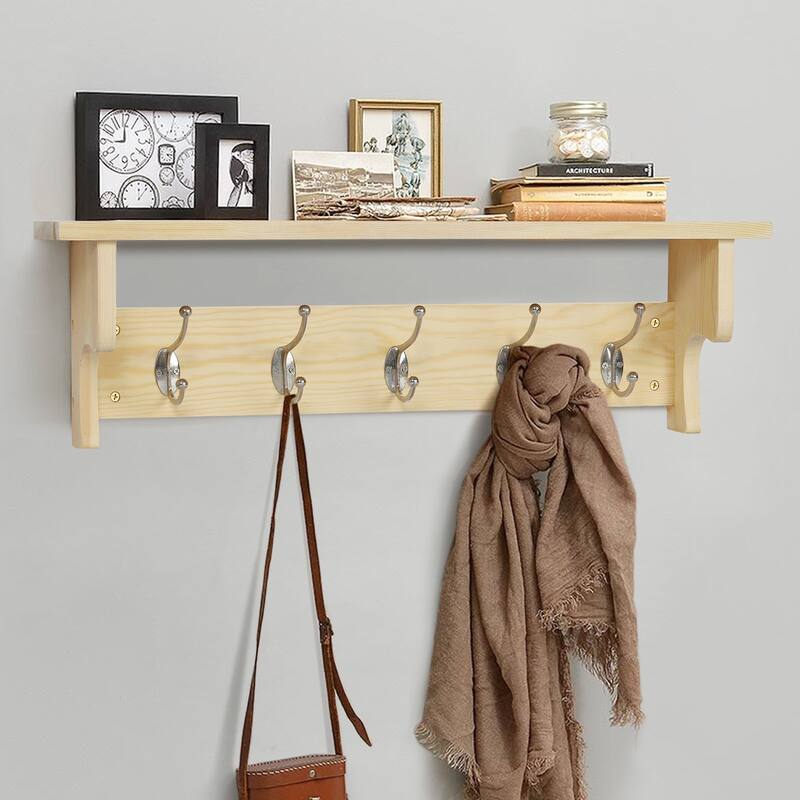 5/8 Metal Hooks Rustic Wall Mounted Coat Rack w/ Storage Shelf