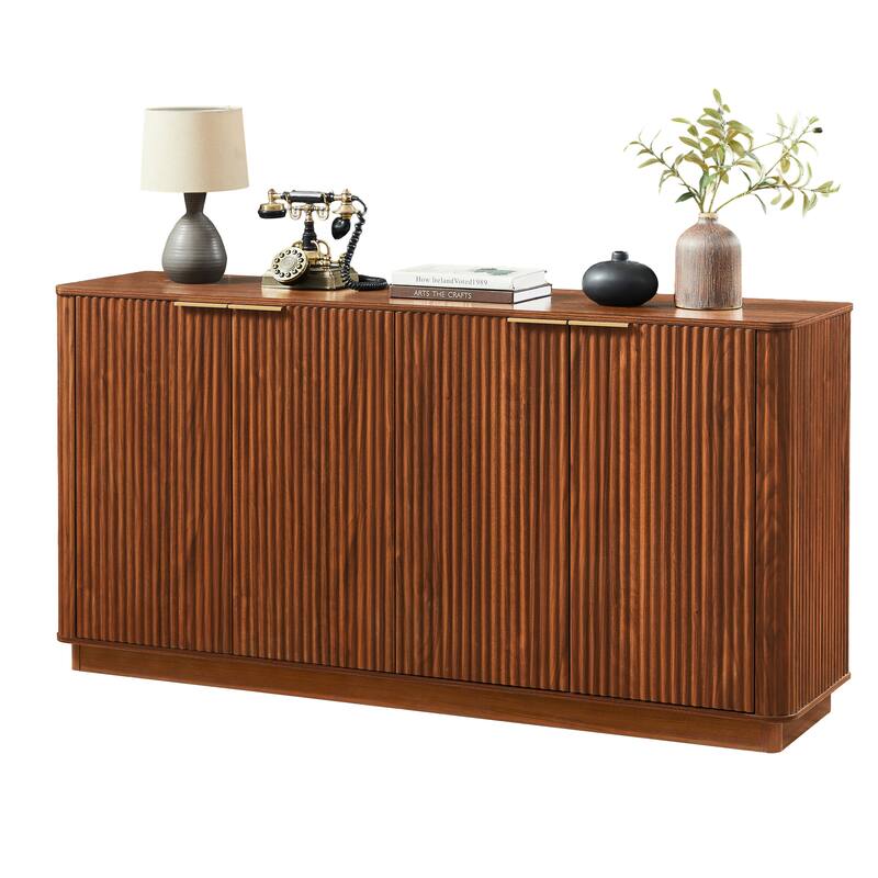 Anmytek Mid-Century Modern Sideboard with Fluted Detailing and Gold Handles in Walnut Finish