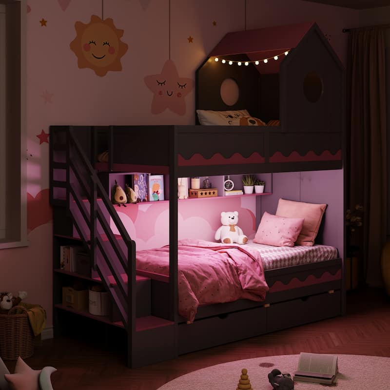 Twin Over Twin Bunk Bed with House Design, Staircase Storage Drawers and LED Lights, Kids Castle Bunk Bed