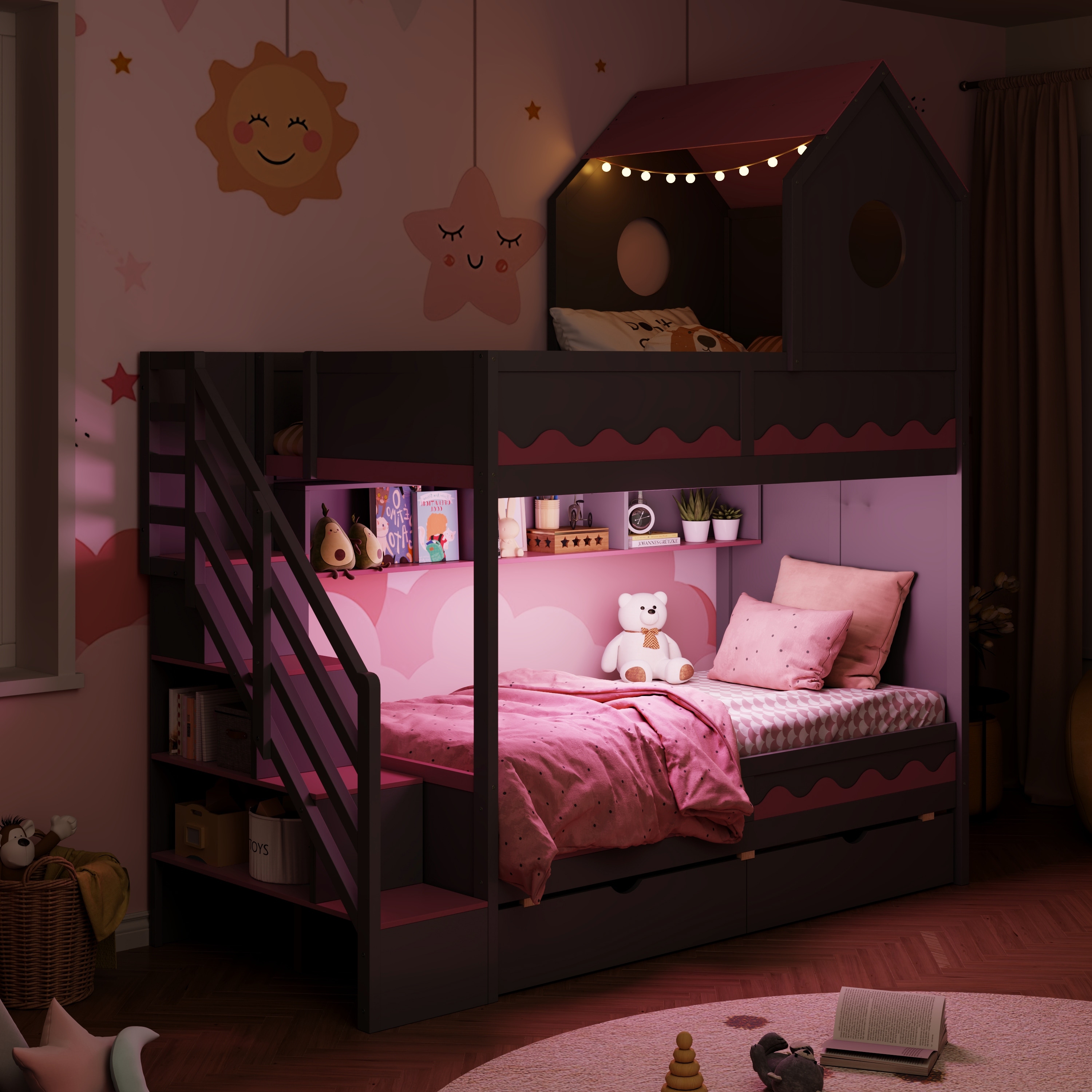 Twin Size Castle-Themed Bunk Bed with Storage Staircase & Side Shelves, Wooden House Bed with LED Lights & Wave-Textured Panels