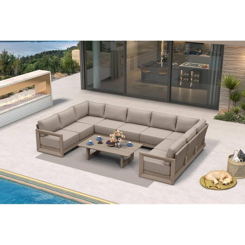 PURPLE LEAF Caesar Sectionals Sofas Khaki with 9.6" Thick Cushion and Table for Living Room Furniture Patio Conversation Sets - 9 Seats+1 Table - Reversible