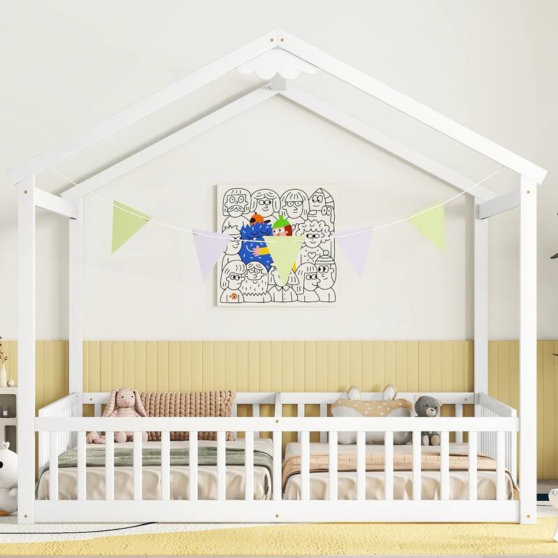 Double Twin House-Style Floor Bed with Fence - White