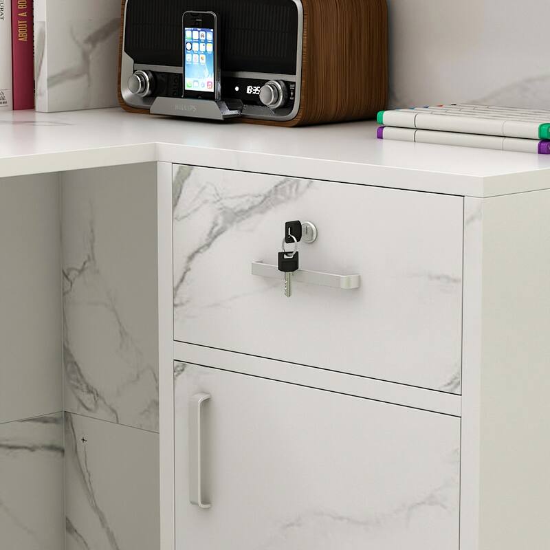 Timechee Reception Desk L-Shaped Counter with Drawers, Marble Texture